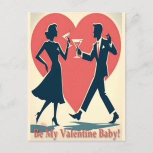 Mid Century Valentine Hip Martini Dancing Couple Postcard