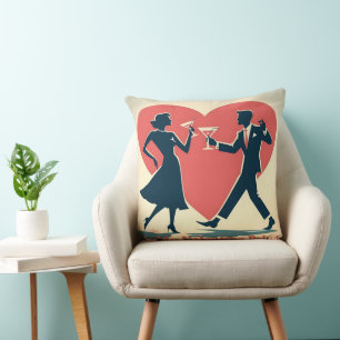 Mid Century Valentine Hip Martini Dancing Couple Throw Pillow