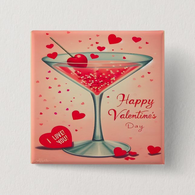 Mid Century Valentine Martini cocktail 2 Inch Square Button (Front)