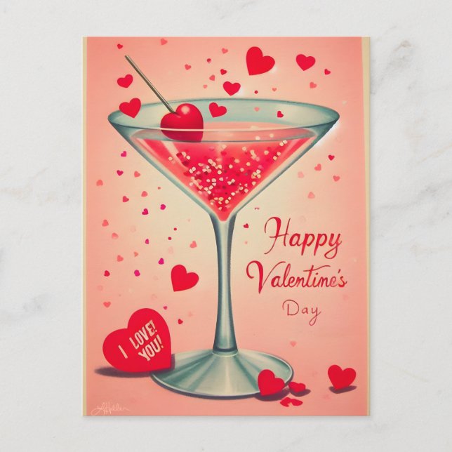 Mid Century Valentine Martini cocktail Postcard (Front)
