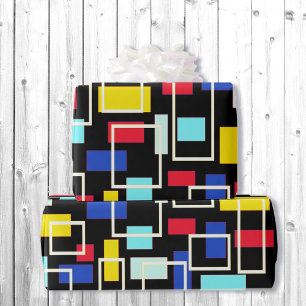 Mid Century Vibe Retro Black Red Blue Color Blocks Wrapping Paper