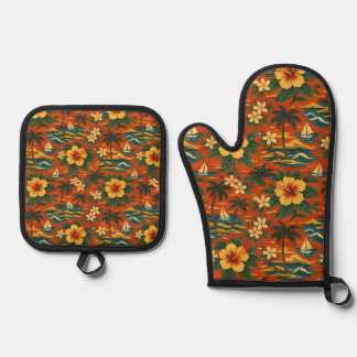 Mid Century Vibrant Hawaiian Shirt Print Oven Mitt & Pot Holder Set
