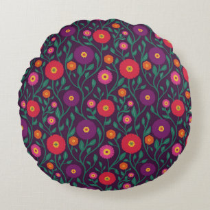 Mid-Century Vine Flower   Garden Garland Plum Round Pillow