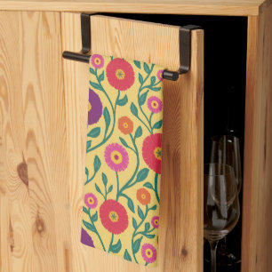 Mid-Century Vine Flower   Garden Garland Yellow Kitchen Towel