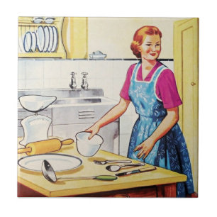Mid Century Vintage Housewife in Kitchen Baking Tile