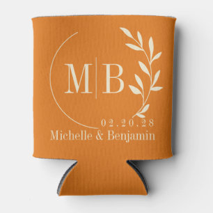 Mid-Century Warm Citrus Leaf Wedding Monogram Can Cooler