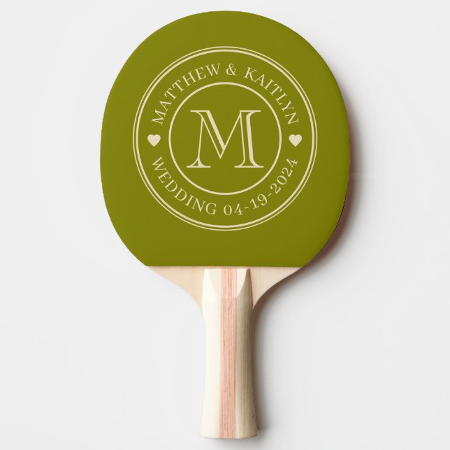 Mid-Century Warm Olive Wedding Monogram Heart Ping Pong Paddle (Front)