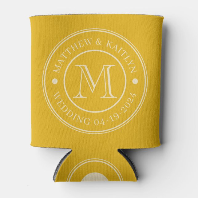Mid-Century Warm Sunflower Wedding Monogram Can Cooler (Front)