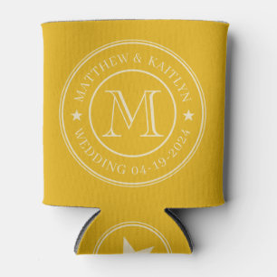 Mid-Century Warm Sunflower Wedding Monogram Star Can Cooler