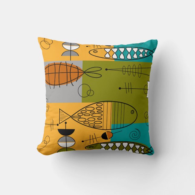 Mid-Century Whimsical Fish Art II Throw Pillow (Front)