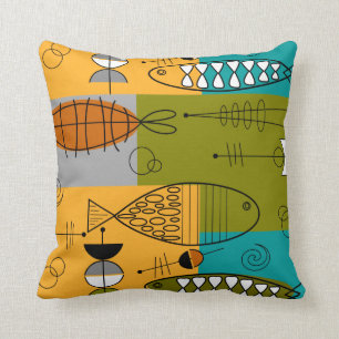 Mid-Century Whimsical Fish Art II Throw Pillow
