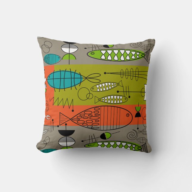 Mid-Century Whimsical Fish Art Teal Brown Orange Throw Pillow (Front)