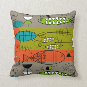 Mid-Century Whimsical Fish Art Teal Brown Orange Throw Pillow