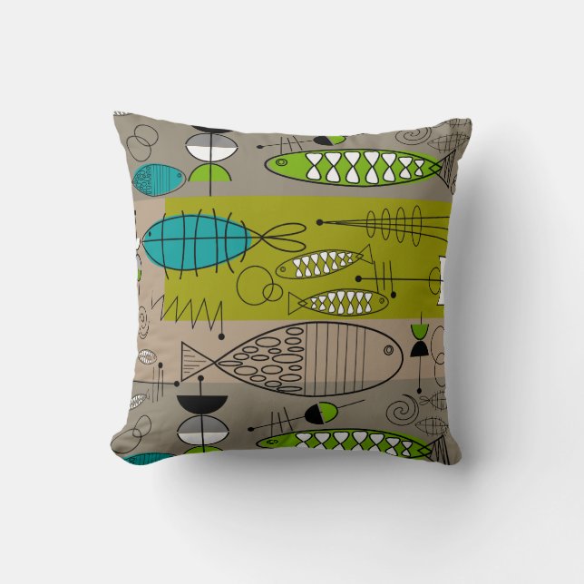 Mid-Century Whimsical Fish Art Teal Brown Throw Pillow (Front)