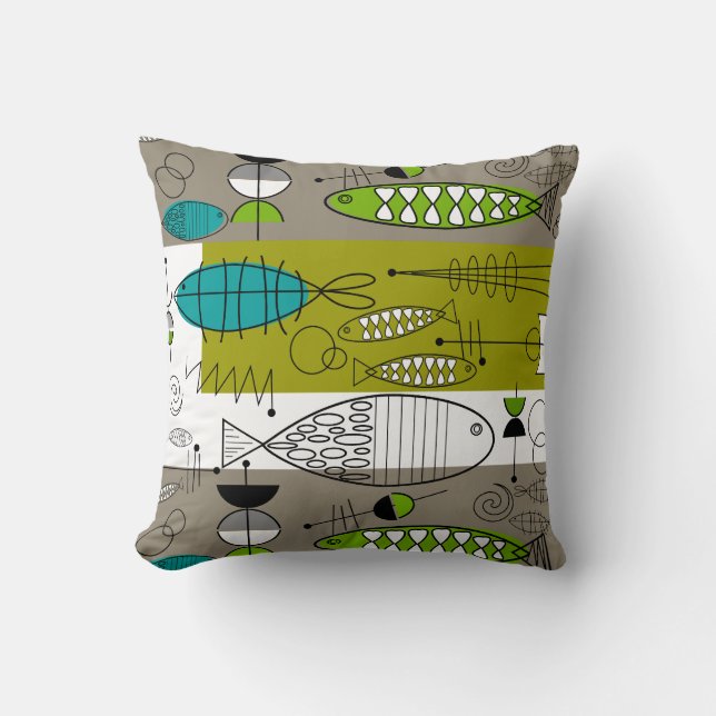 Mid-Century Whimsical Fish Art Teal Lime Throw Pillow (Front)