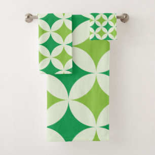 Mid Century White and Green Starbursts on Circles  Bath Towel Set