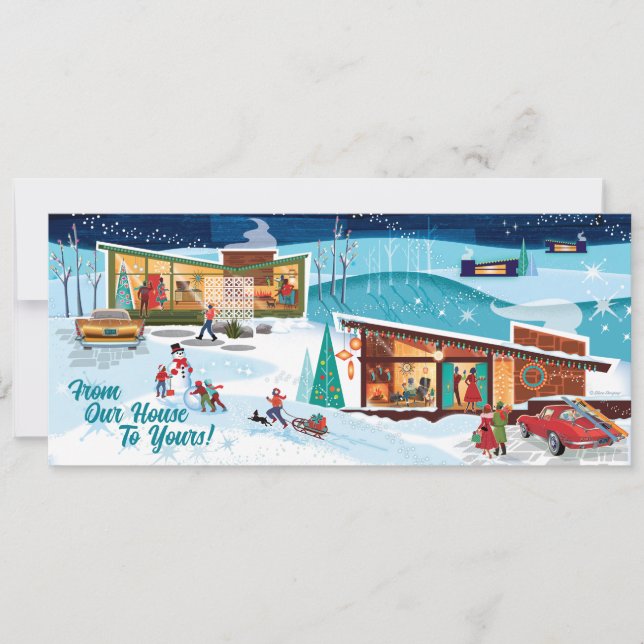 Mid Century Winter Houses Retro Christmas Card (Front)
