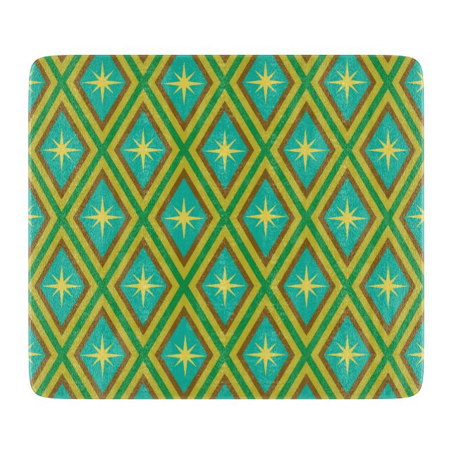 Mid Century Yellow Stars on Retro diamonds Pattern Cutting Board (Front)