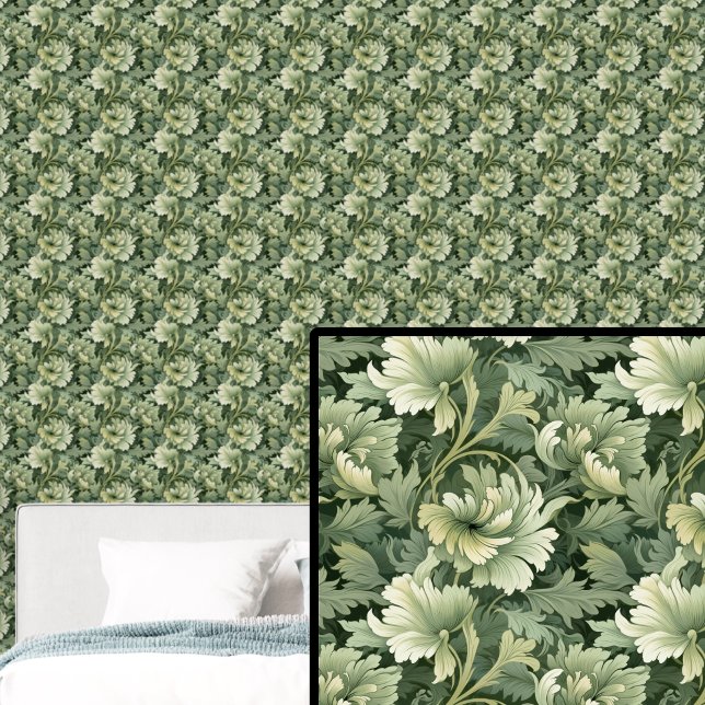 Mid & Light Green Botanical Flower & Leaves Wallpaper (Creator Uploaded)