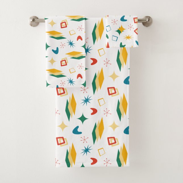 Mid Mod Atomic, Retro Mid-Century Modern Shapes Bath Towel Set (Insitu)