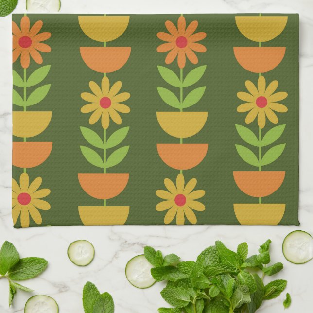 Mid Mod Flowers with geometric half circles  Kitchen Towel (Folded)