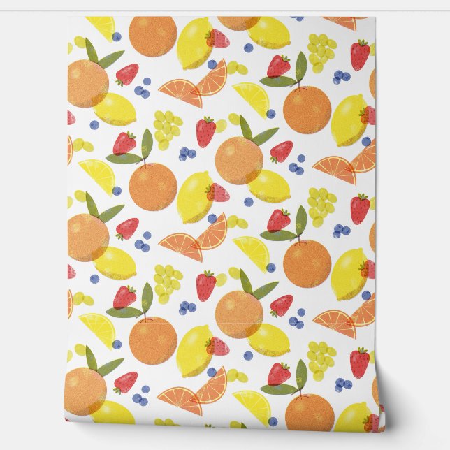 Mid Mod Grungy Risograph Kitchen Fruit Wallpaper (Unrolling)