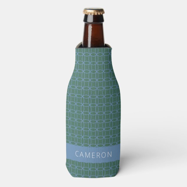 Mid Mod Line Art Pattern Green Blue Personalized Bottle Cooler (Bottle Front)