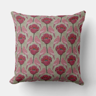 Mid Mod Magenta Poppies & Oiseaux Jeter Oreiller