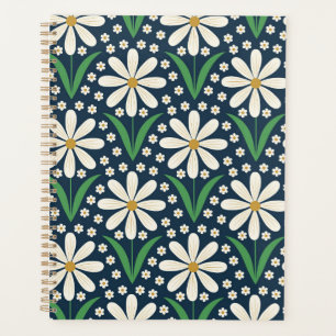 Mid Mod Retro White Daisies Pattern on Dark blue Planner