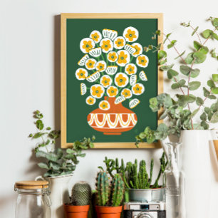 Mid Mod White Blooms in Terracotta Vase Poster
