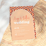 Mid Modern Orange Retro Arch Wedding Invitation<br><div class="desc">A modern, minimalist take on a retro theme! These wedding invitations have vintage colours, simple geometric shapes, and groovy type. The front of these cards features a soft orange colour. There is a white arch border framing the text. The event details are aligned to the bottom left-hand side with the...</div>