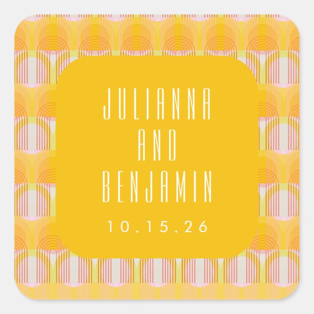 Mid Modern Yellow Geometric Lines Wedding Custom Square Sticker (Front)