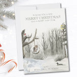 Mid Winter Snowy Woodland Nature Christmas Holiday Card<br><div class="desc">Personalized Christmas card with fully editable wording. The design features a mid winter woodland nature scene with the warm glow of a street lamp,  a duck on the lake,  an owl on the swing and a robin in the tree.</div>
