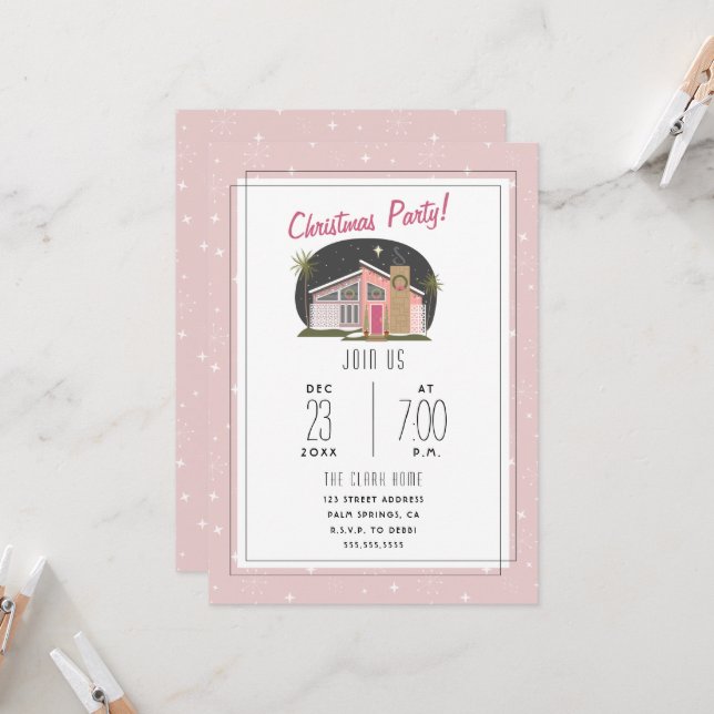 Midcentry Modern Pink Christmas Party Invitation (Front/Back In Situ)