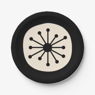 Midcentury Atomic Dot Cute Retro Black and Cream Paper Plate