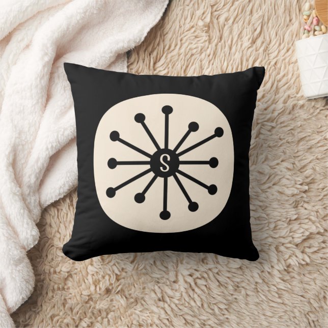 Midcentury Atomic Dot Cute Retro Black Initial Throw Pillow (Blanket)