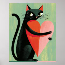 Midcentury Black Cat Heart Sage Green