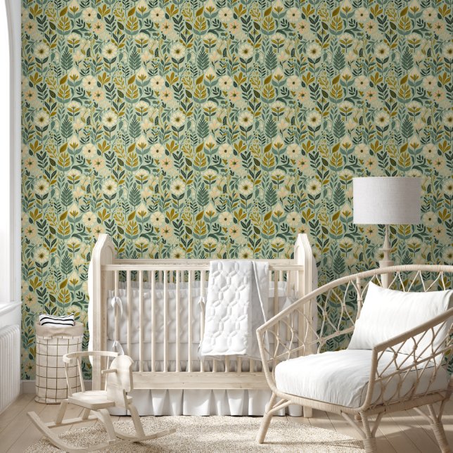 Midcentury Boho Floral Wildflowers Flowers Blue  Wallpaper (Kids)