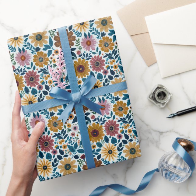 Midcentury Boho Floral Wildflowers Flowers Nursery Wrapping Paper (Gifting)