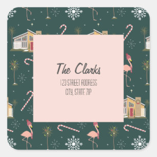 Midcentury Christmas Pink House Palm Tree Address Square Sticker