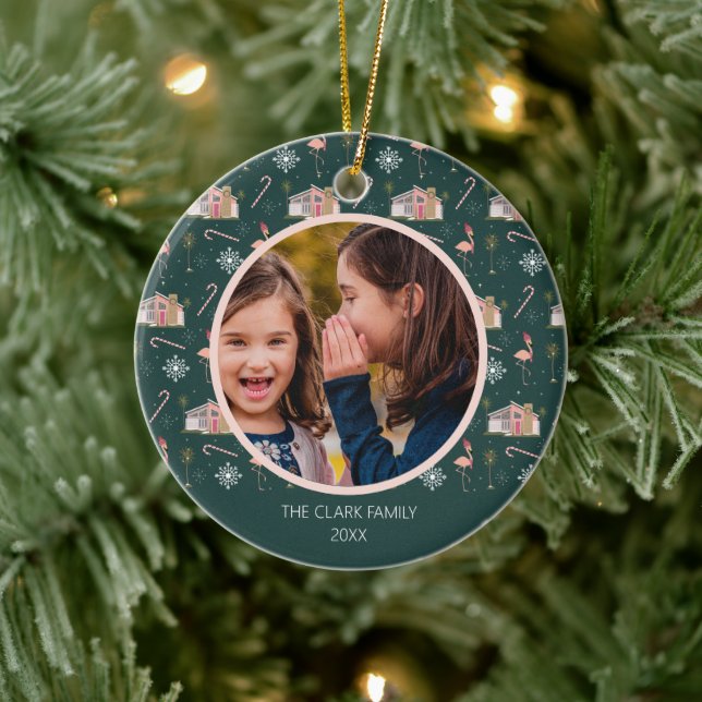 Midcentury Christmas Pink House Palm Tree Photo Ceramic Ornament (Tree)