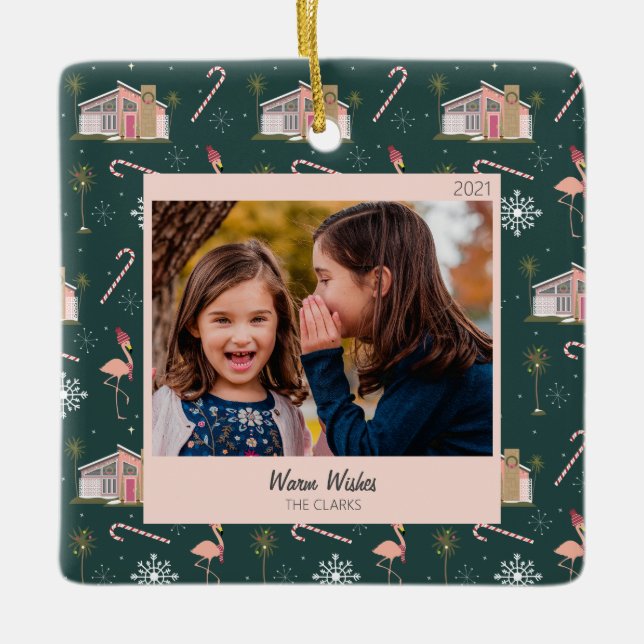 Midcentury Christmas Pink House Palm Tree Photo Ceramic Ornament (Front)