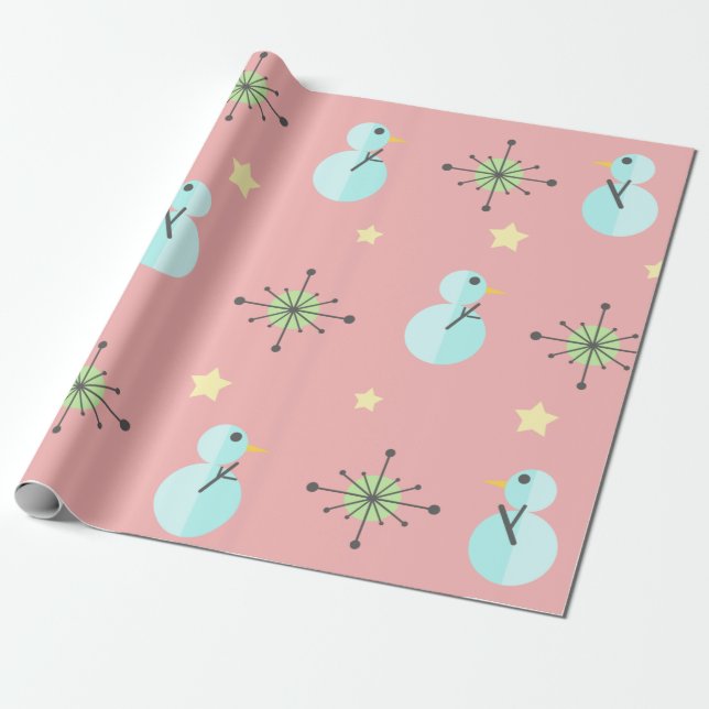 Midcentury Christmas Vintage Snowmen Wrapping Paper (Unrolled)