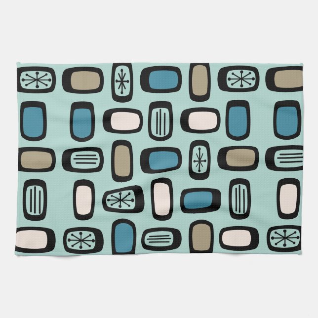 Midcentury MCM Rounded Rectangles Aquamarine Kitchen Towel (Horizontal)