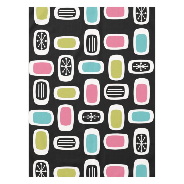 Midcentury MCM Rounded Rectangles Black Colourful Tablecloth (Front)