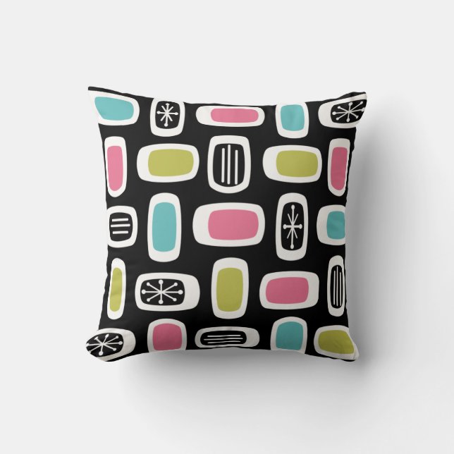 Midcentury MCM Rounded Rectangles Black Colourful Throw Pillow (Front)
