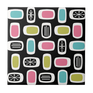 Midcentury MCM Rounded Rectangles Black Colourful Tile