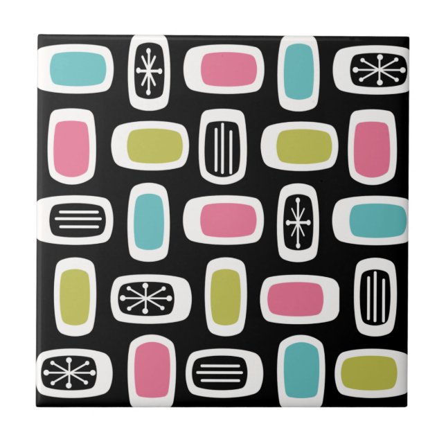 Midcentury MCM Rounded Rectangles Black Colourful Tile (Front)