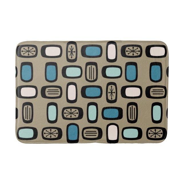 Midcentury MCM Rounded Rectangles Gold Blue Bath Mat (Front)