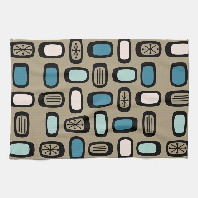Midcentury MCM Rounded Rectangles Gold Blue Kitchen Towel (Horizontal)